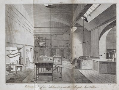 Interior View of the Laboratory in The Royal Institution, engraved by James Basire from William Thomas Brandes A Manual of Chemistry, published 1819 by William Tite